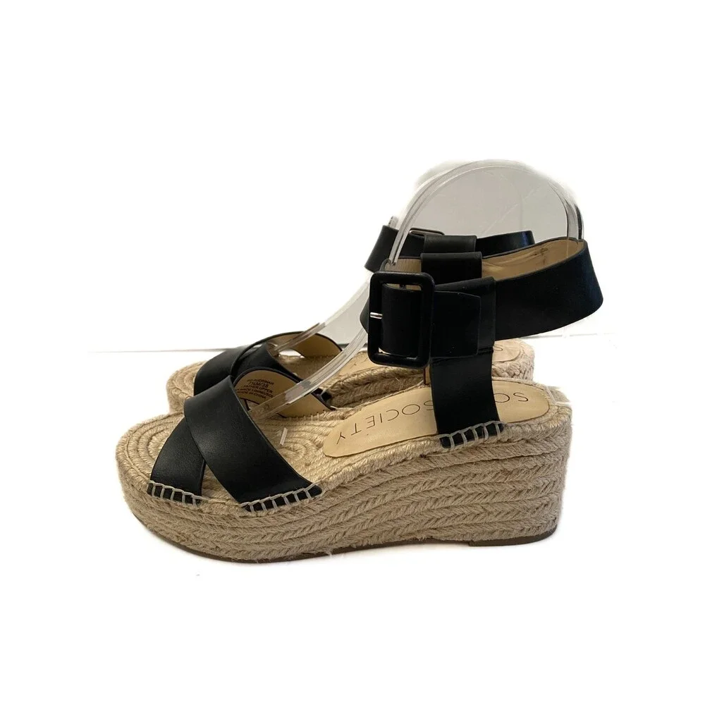SOLE SOCIETY Audrina Black Leather Espadrille Platform Strappy Sandal Size 7.5